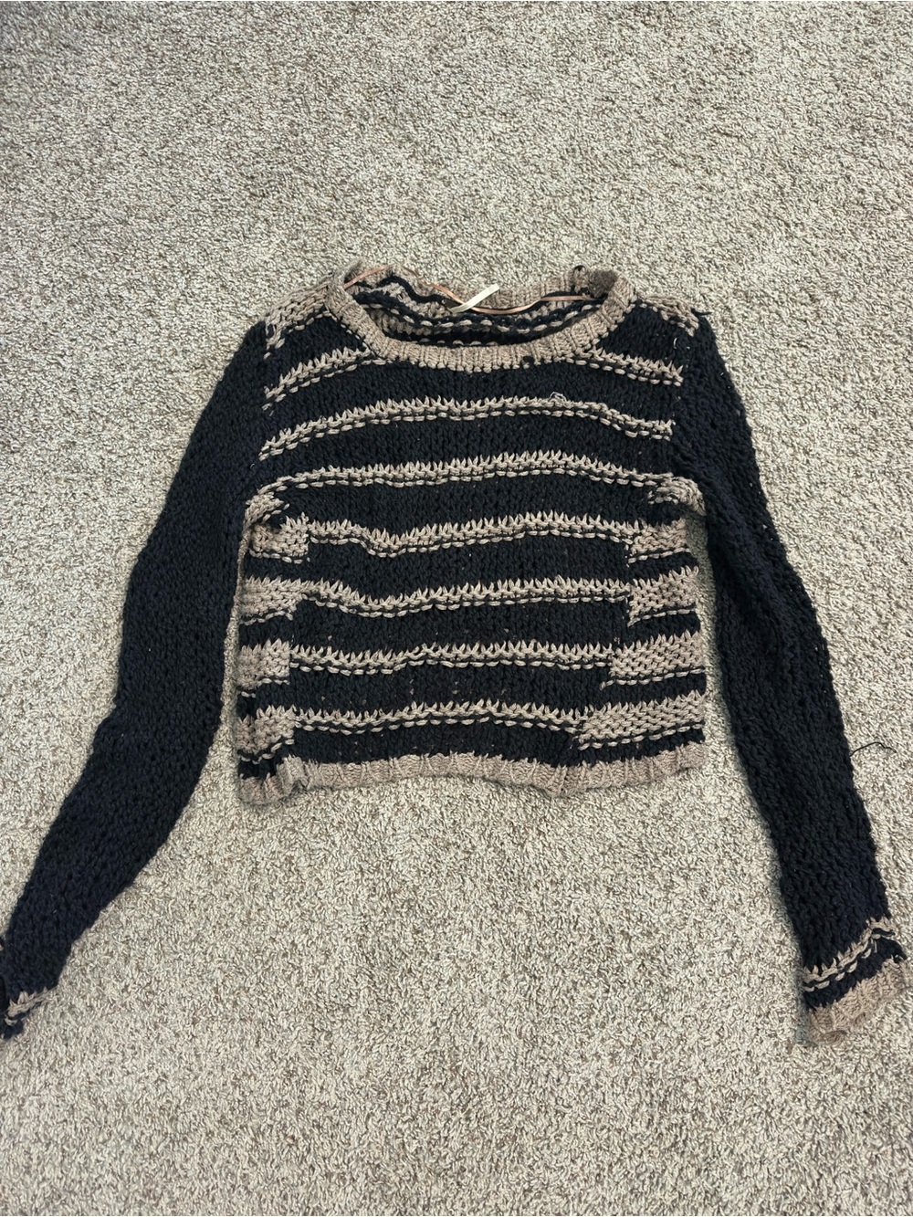 Free People Black & Tan Striped Crewneck Sweater